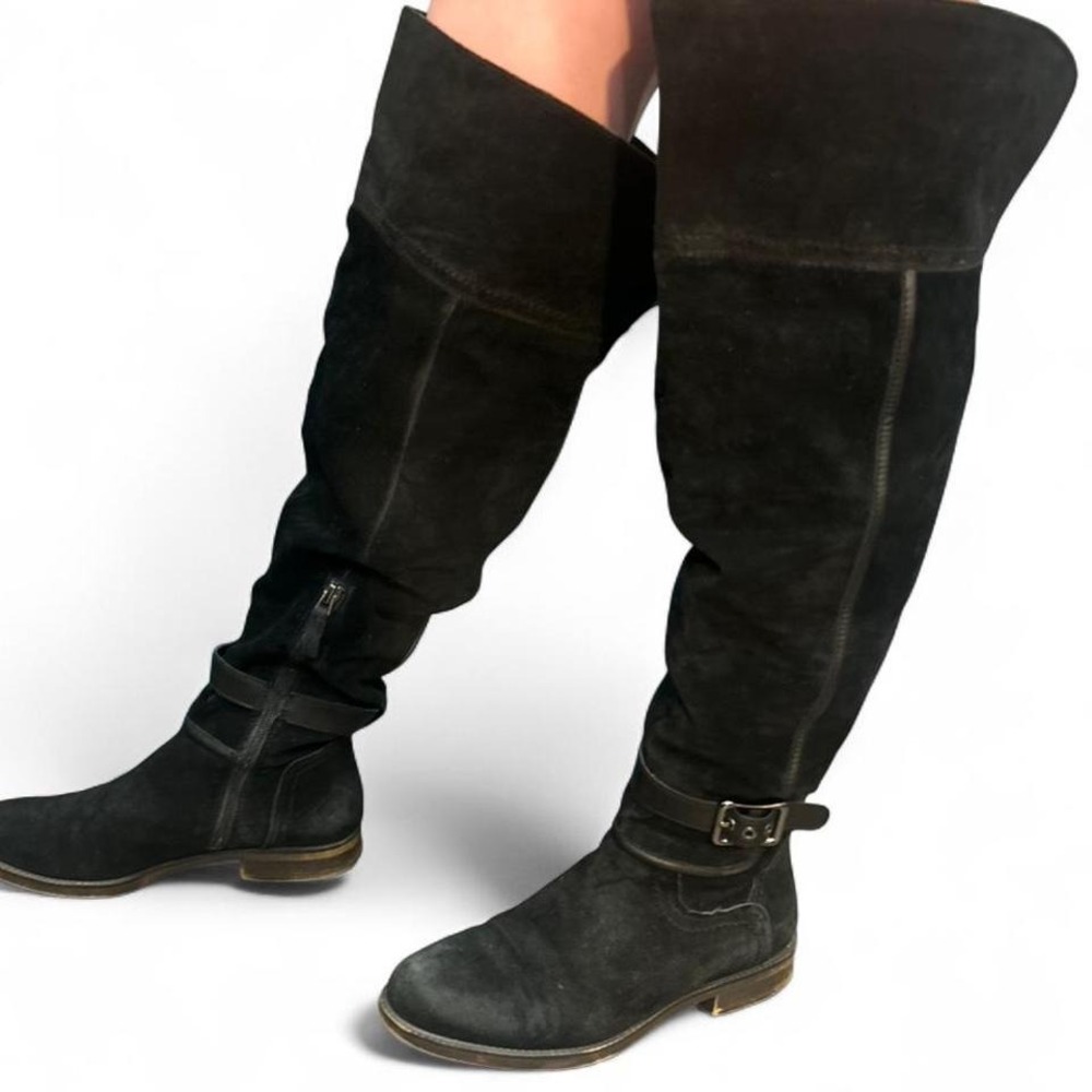 Women's Black suede knee-high riding boots with side zipper wide calf